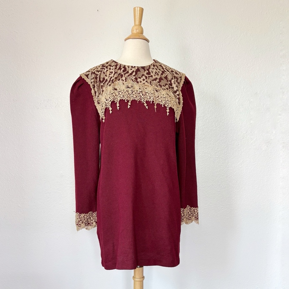Vintage 80s Victorian Maroon Lace Long Sleeve Sweater Dress
